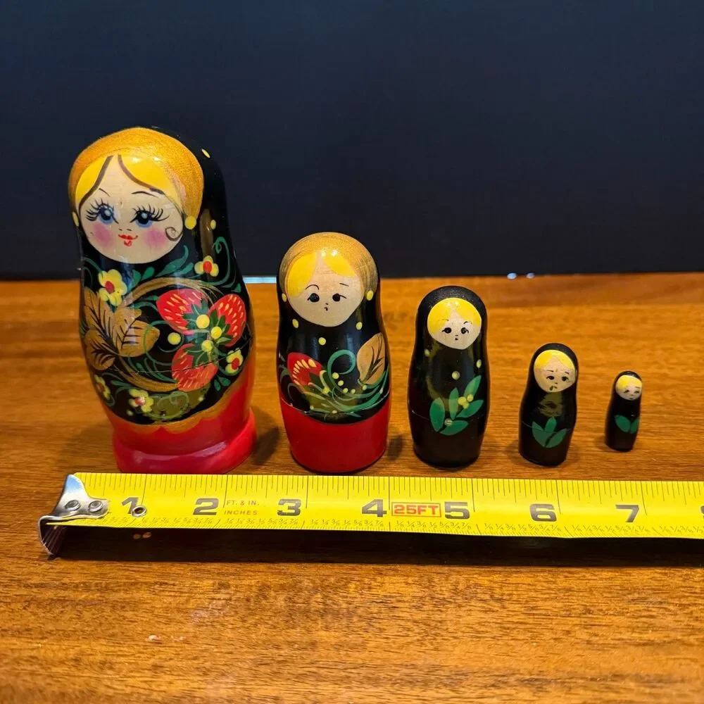 Russian Nesting Dolls Matryoshka - 5 Piece Hand-Painted Black & Red Floral